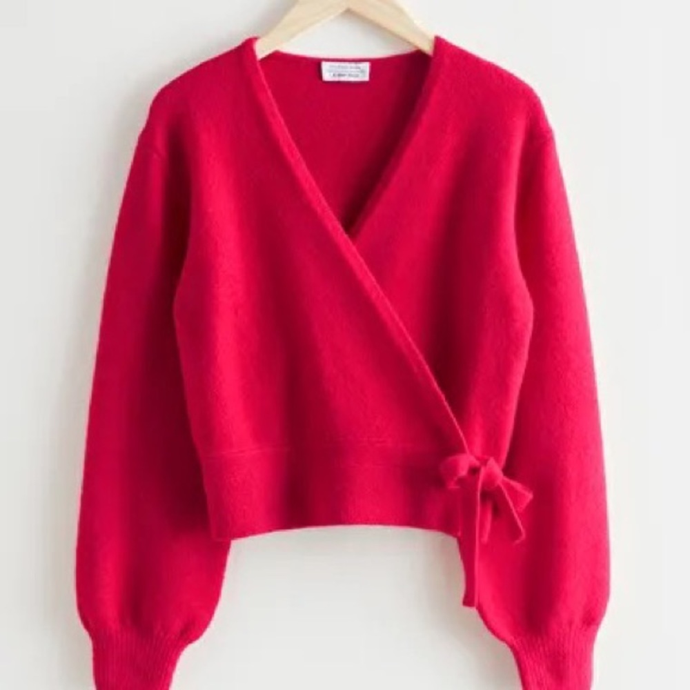 Knitted wrap sweater with self tie on side